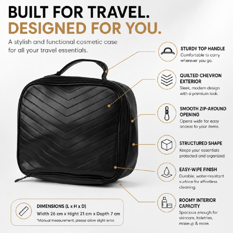 Smart Black Jetsetter Hanging Lily Cosmetic Case with quilted chevron exterior and sturdy top handle – Black (26 x 21 x 7 CM)