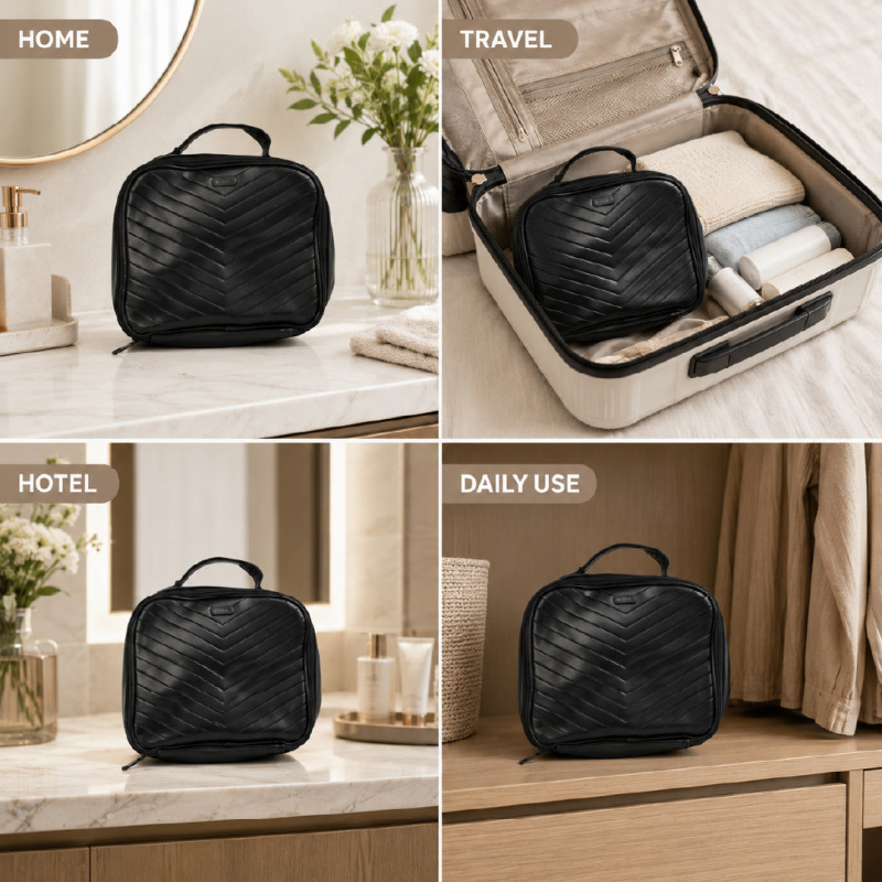 Smart Black Jetsetter Hanging Lily Cosmetic Case with quilted chevron exterior and sturdy top handle – Black (26 x 21 x 7 CM)