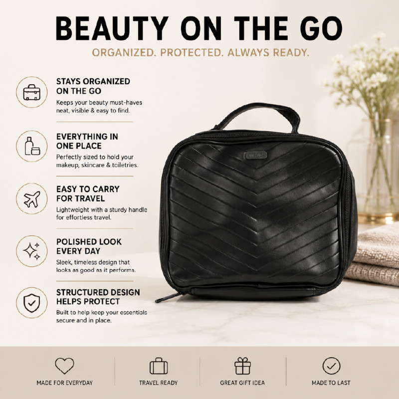 Smart Black Jetsetter Hanging Lily Cosmetic Case with quilted chevron exterior and sturdy top handle – Black (26 x 21 x 7 CM)