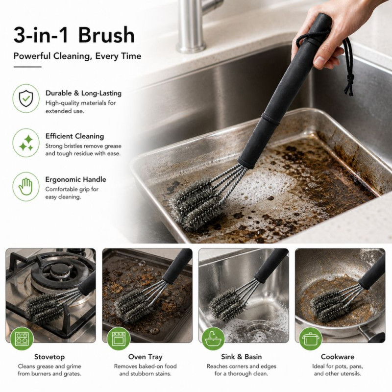 Professional Heavy-Duty Barbecue Grill Cleaning Brush – Stainless Steel Bristles (42cm)