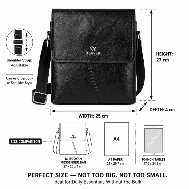 Men’s Executive Leather-Style Messenger Bag – Obsidian Black (27cm)