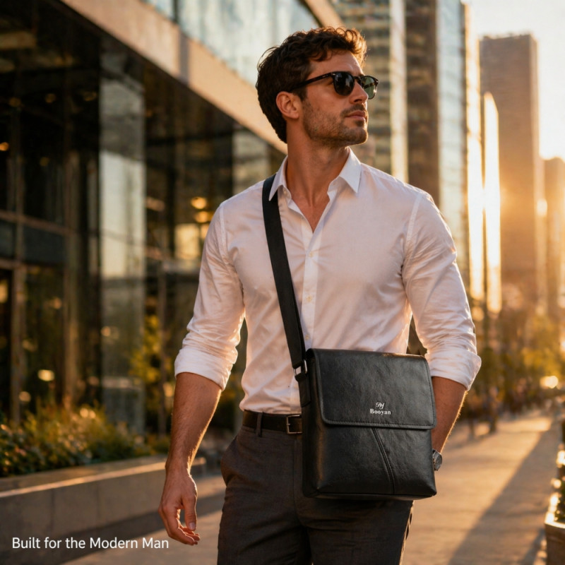 Men’s Executive Leather-Style Messenger Bag – Obsidian Black (27cm)