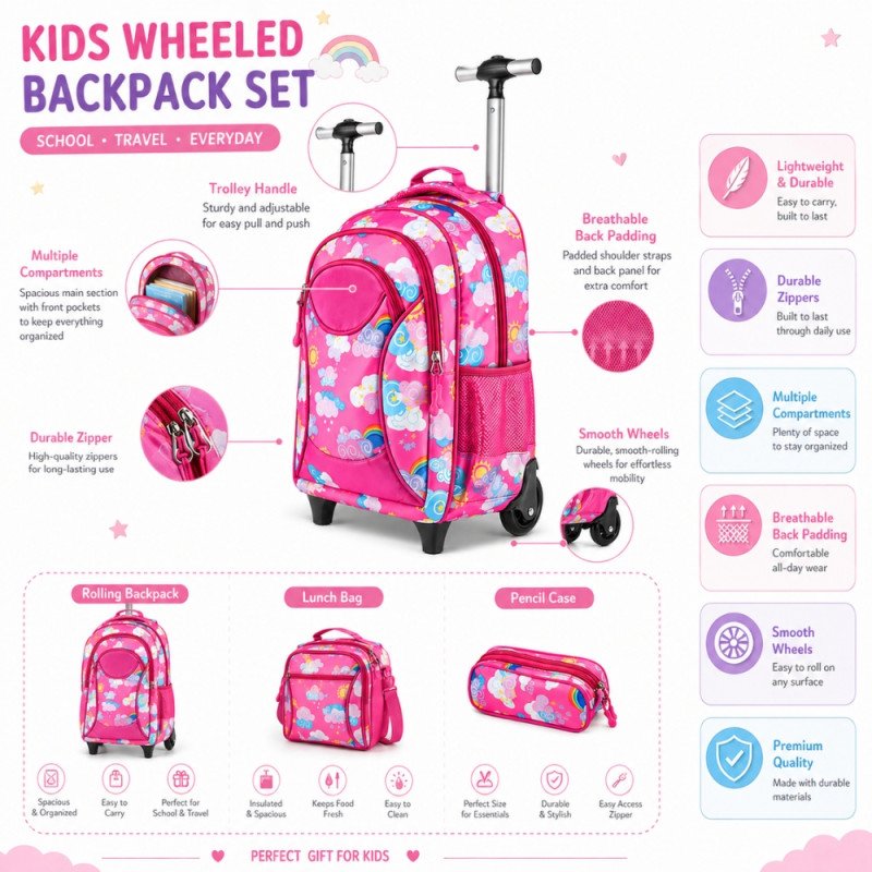 Kids' "Rainbow Dreams" Rolling Backpack – Vibrant Pink with Clouds & Rainbows (46cm)