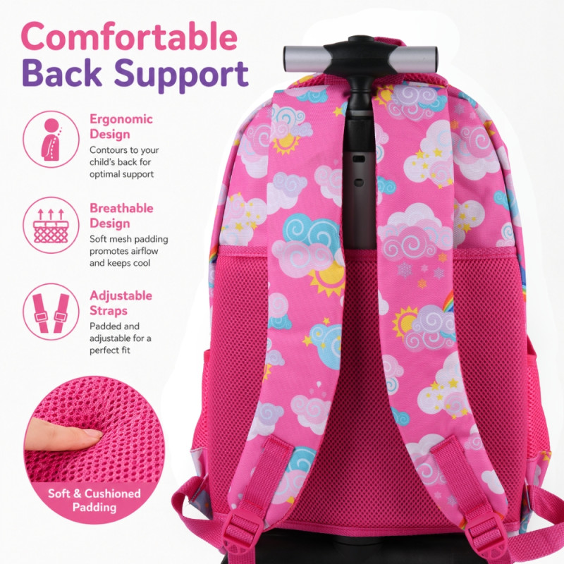 Kids' "Rainbow Dreams" Rolling Backpack – Vibrant Pink with Clouds & Rainbows (46cm)