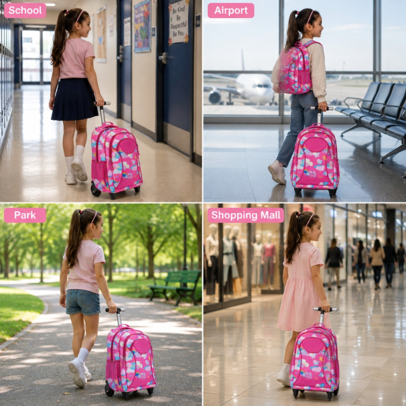 Kids' "Rainbow Dreams" Rolling Backpack – Vibrant Pink with Clouds & Rainbows (46cm)