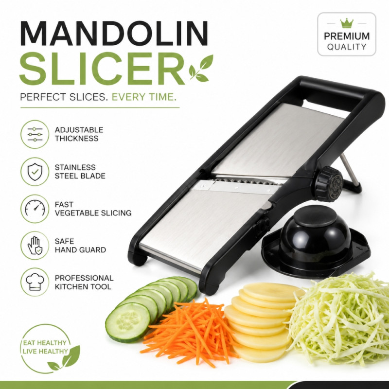 Professional Versatile 3-in-1 adjustable mandoline slicer designed for ef... – Black & Silver (38x12.5cm)