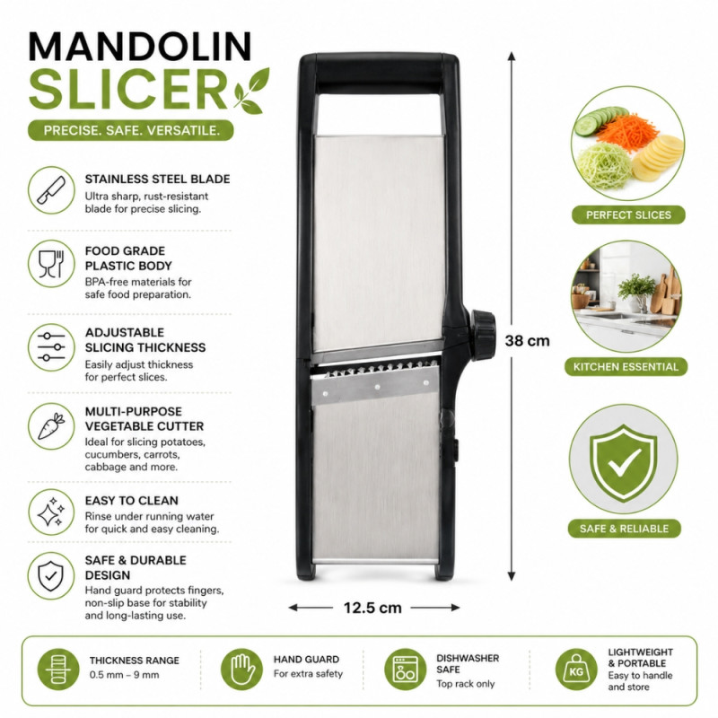 Professional Versatile 3-in-1 adjustable mandoline slicer designed for ef... – Black & Silver (38x12.5cm)