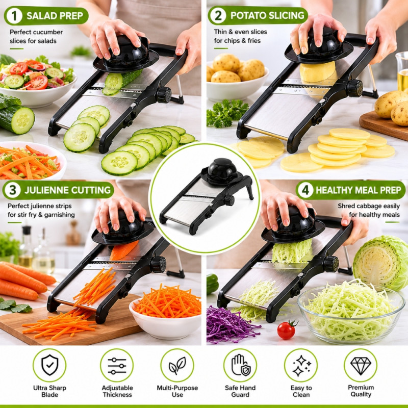 Professional Versatile 3-in-1 adjustable mandoline slicer designed for ef... – Black & Silver (38x12.5cm)
