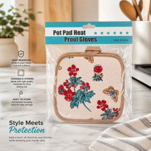 Floral & Butterfly Quilted Pot Holder – Beige/Brown (17x17cm)
