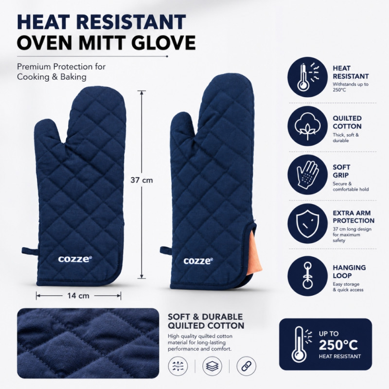 Professional Cozze heat-resistant oven mitt designed for safe cooking and... – Dark Blue (37x14cm)