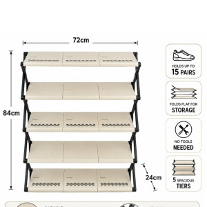 5-Tier Foldable Plastic Shoe Rack for Closet and Entryway Organization – 84 x 72 x 24cm – Black & Ivory