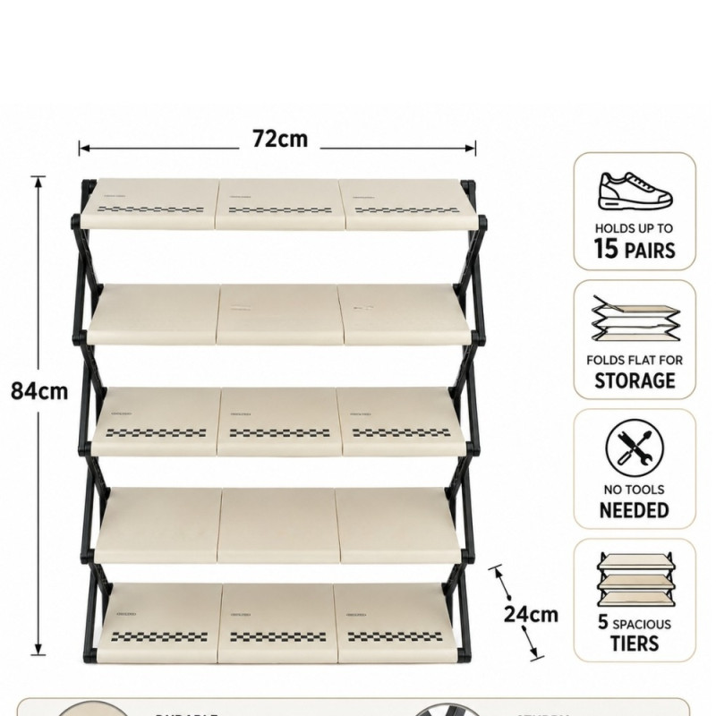 5-Tier Foldable Plastic Shoe Rack for Closet and Entryway Organization – 84 x 72 x 24cm – Black & Ivory