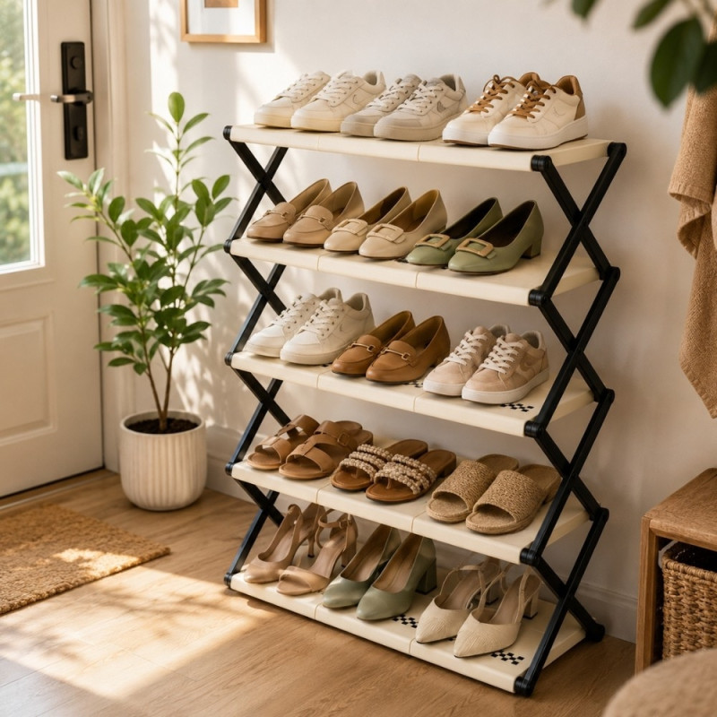 5-Tier Foldable Plastic Shoe Rack for Closet and Entryway Organization – 84 x 72 x 24cm – Black & Ivory