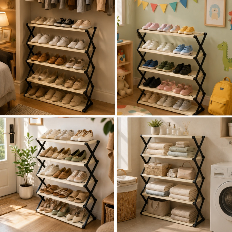 5-Tier Foldable Plastic Shoe Rack for Closet and Entryway Organization – 84 x 72 x 24cm – Black & Ivory