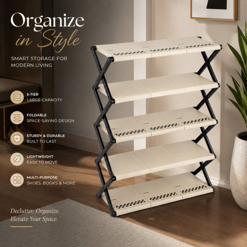 5-Tier Foldable Plastic Shoe Rack for Closet and Entryway Organization – 84 x 72 x 24cm – Black & Ivory