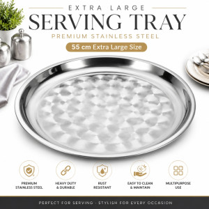 Stainless Steel Round Serving Tray – Mirror Polish Silver (55 x 4cm)