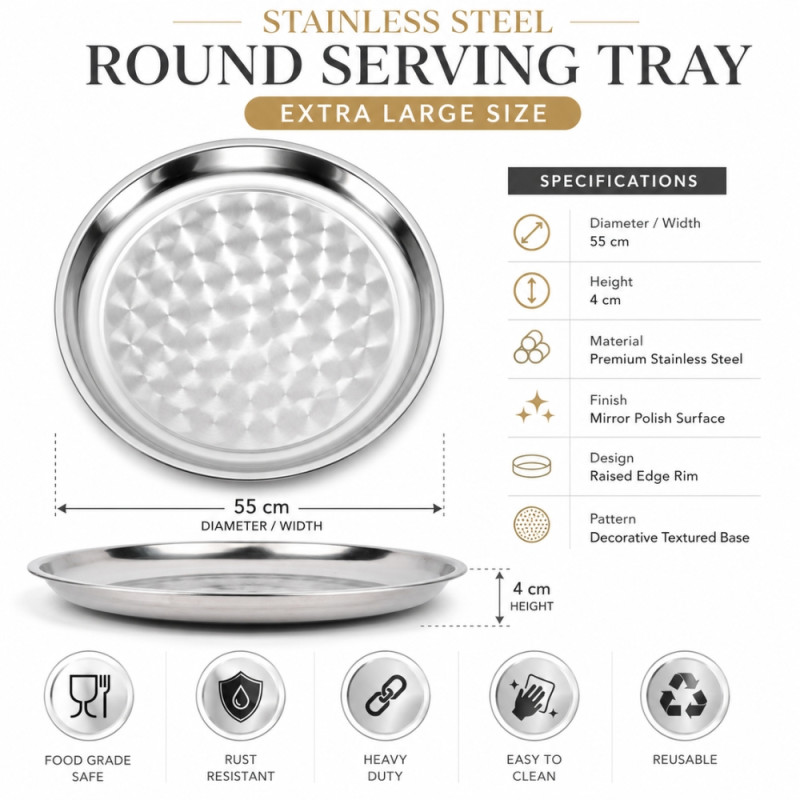 Stainless Steel Round Serving Tray – Mirror Polish Silver (55 x 4cm)