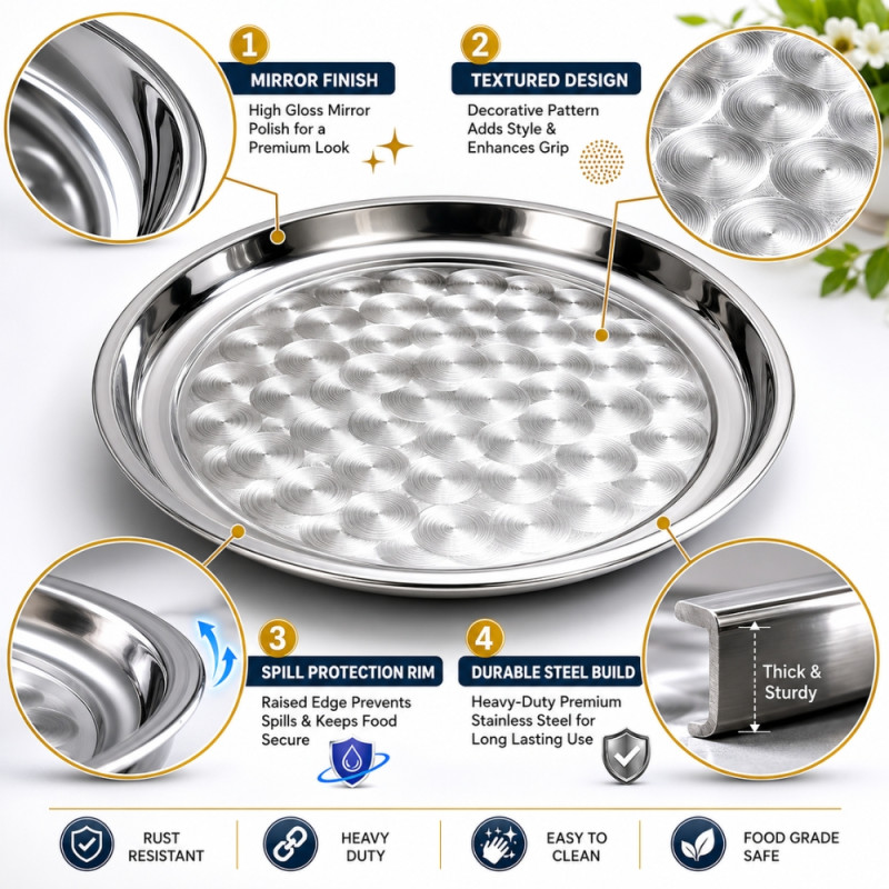 Stainless Steel Round Serving Tray – Mirror Polish Silver (55 x 4cm)