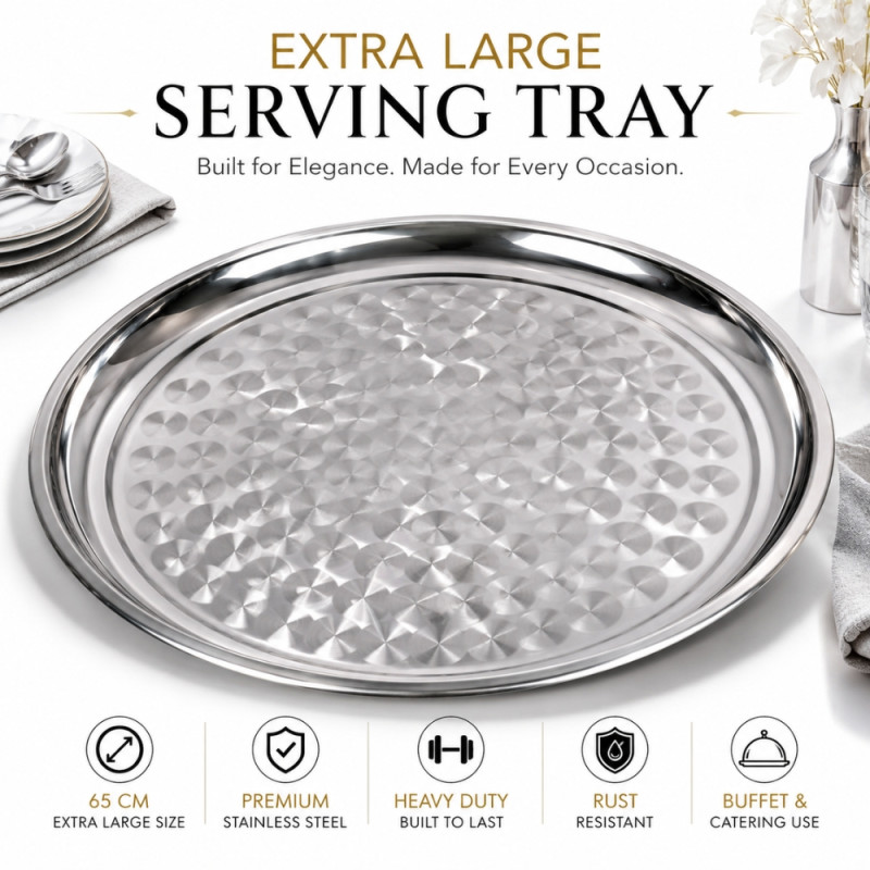 Stainless Steel Round Serving Tray – Mirror Polish silver (65 x 4cm)