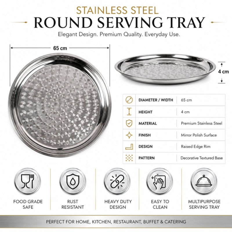 Stainless Steel Round Serving Tray – Mirror Polish silver (65 x 4cm)