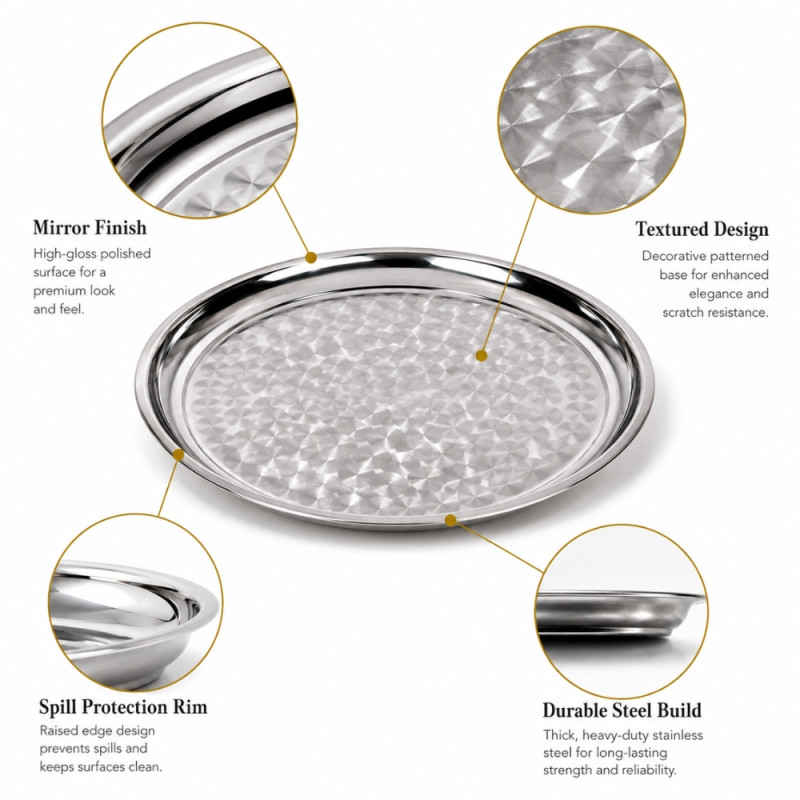 Stainless Steel Round Serving Tray – Mirror Polish silver (65 x 4cm)