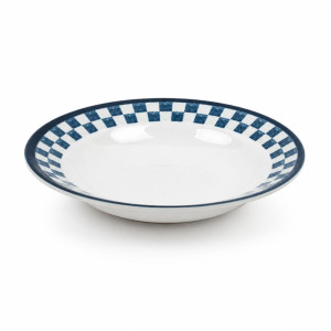 Professional Blue & White Checkered Pasta Plate – Shallow Soup & Salad Bowl (17.5cm)