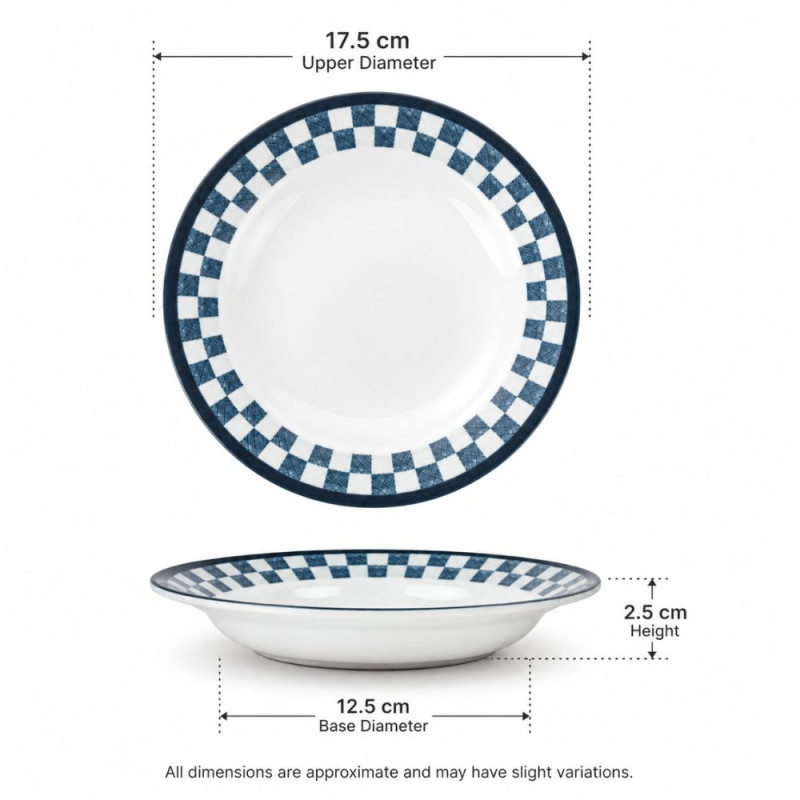Professional Blue & White Checkered Pasta Plate – Shallow Soup & Salad Bowl (17.5cm)