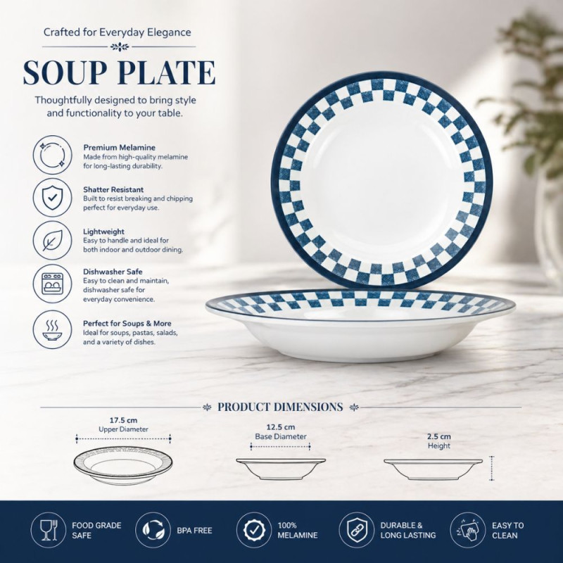 Professional Blue & White Checkered Pasta Plate – Shallow Soup & Salad Bowl (17.5cm)