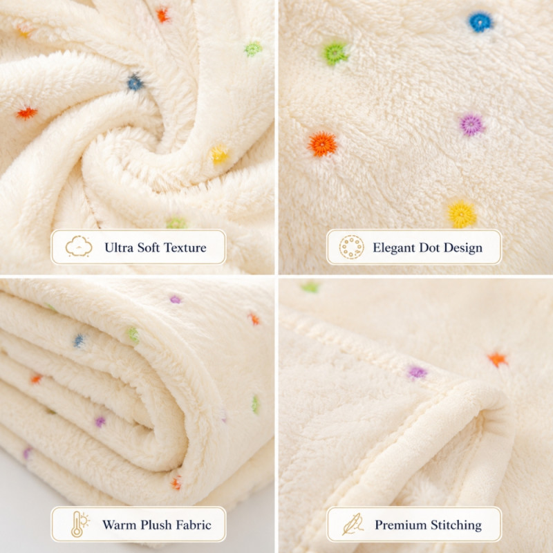 Sleek cream-colored Zara Home plush fleece blanket with multi-color polka dots – Ivroy (200 x 230cm)