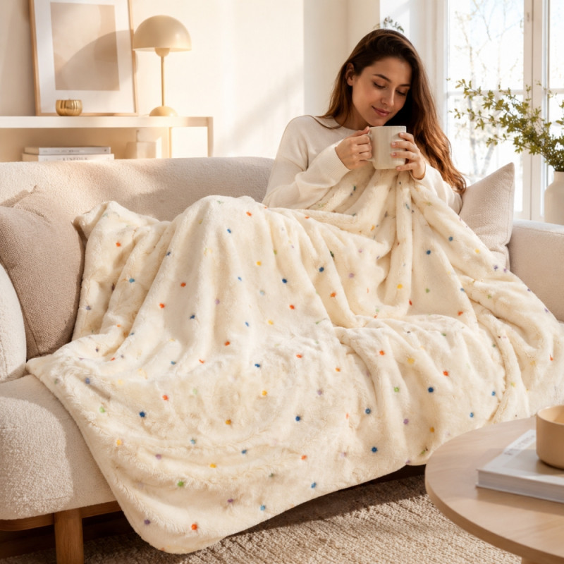 Sleek cream-colored Zara Home plush fleece blanket with multi-color polka dots – Ivroy (200 x 230cm)