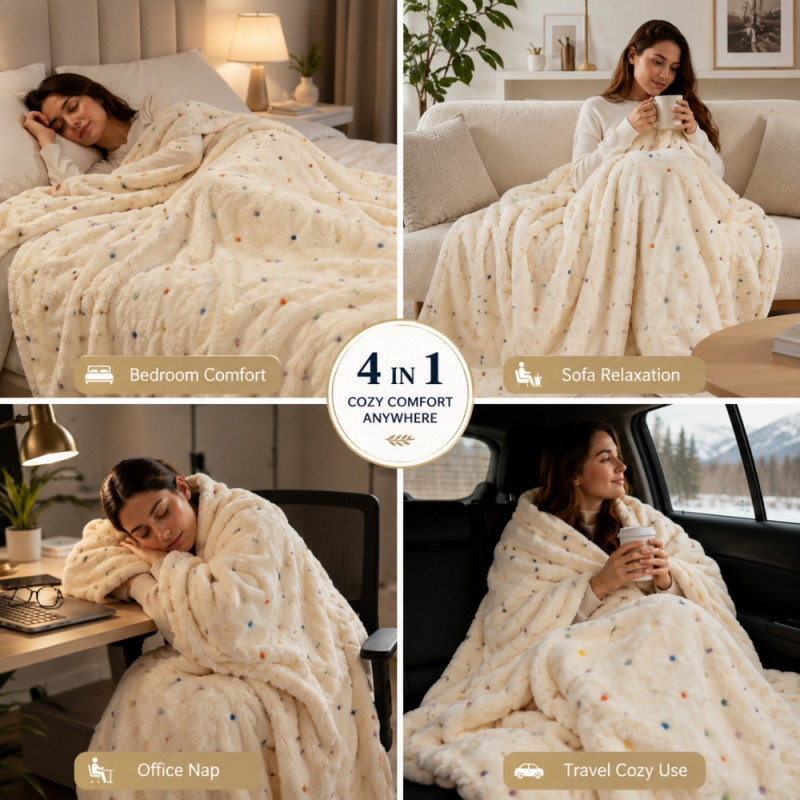 Sleek cream-colored Zara Home plush fleece blanket with multi-color polka dots – Ivroy (200 x 230cm)