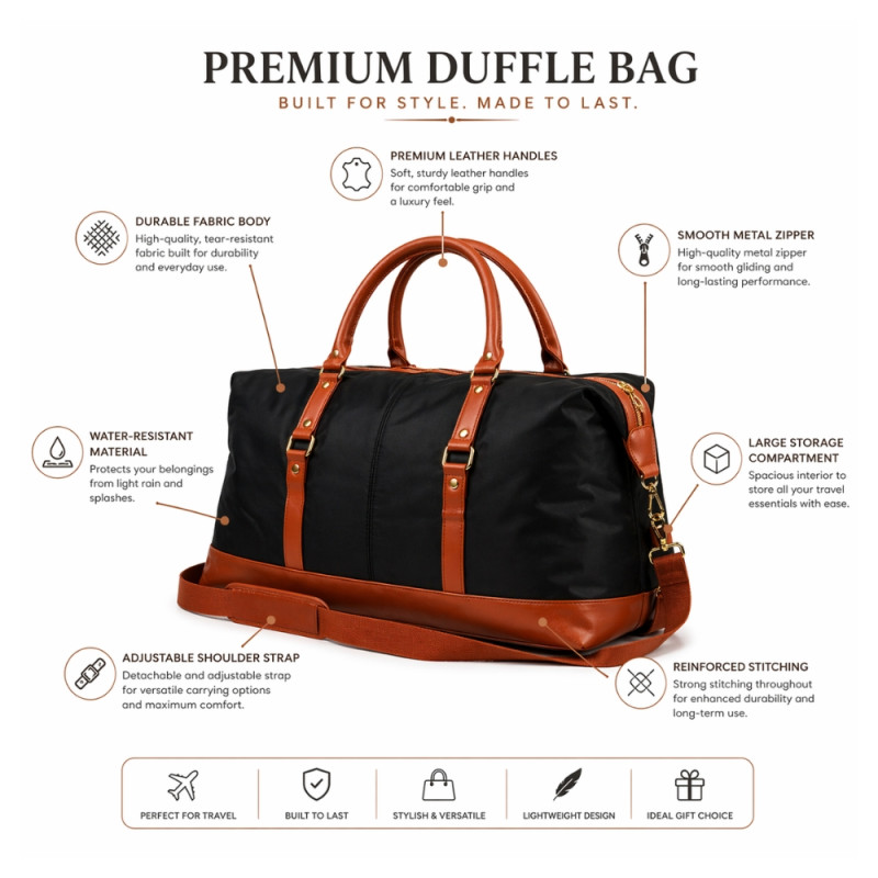 Premium Weekender Travel Bag – Brown & Black Canvas (52cm)