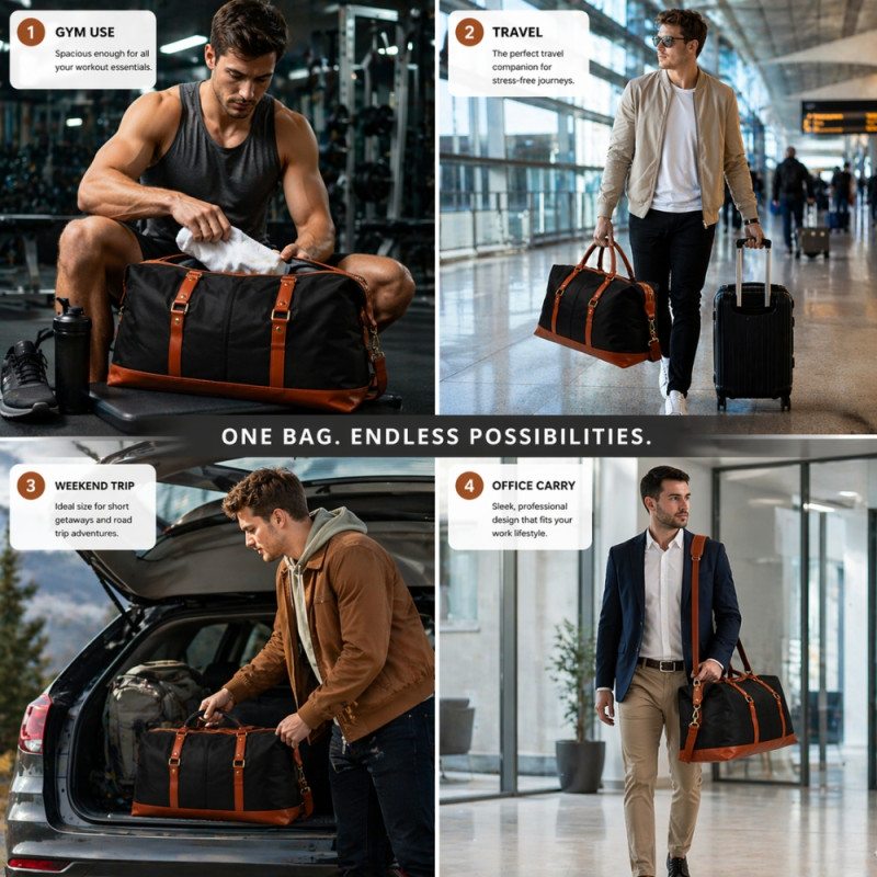 Premium Weekender Travel Bag – Brown & Black Canvas (52cm)