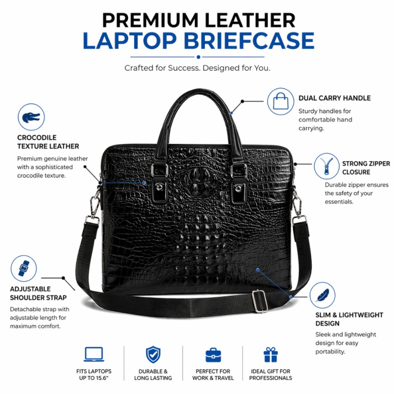 Men’s Executive Professional Briefcase – Embossed Crocodile Texture (38cm)