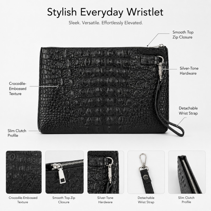 Radical men's genuine leather crocodile texture clutch bag – Black (18 x 26 cm)