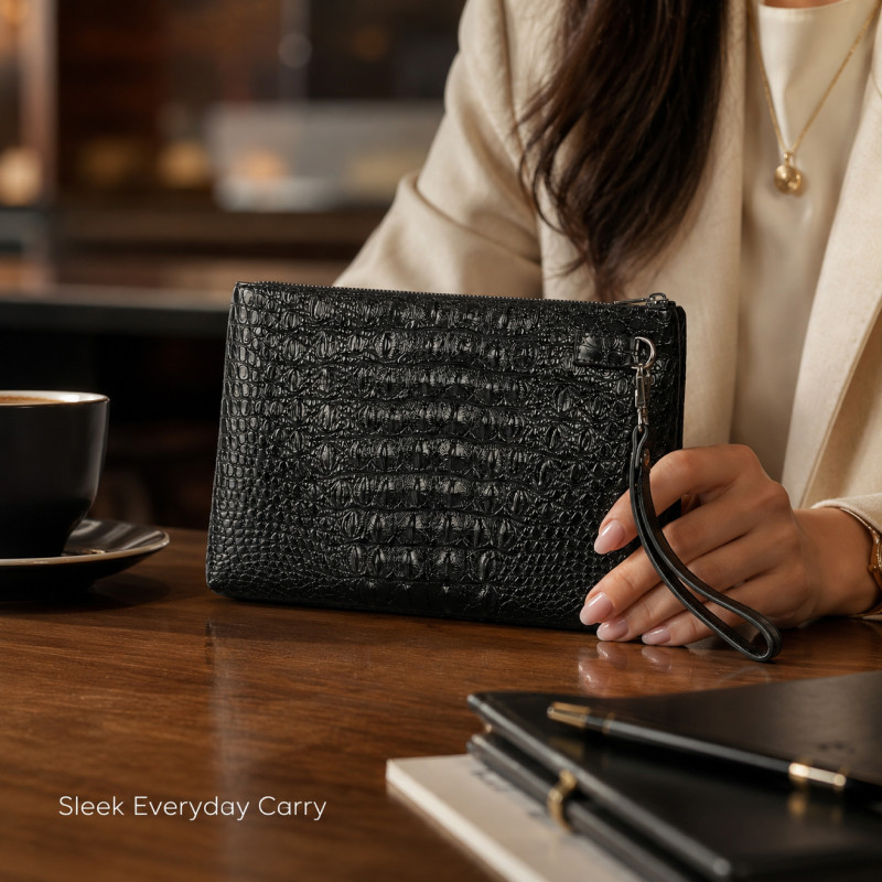 Radical men's genuine leather crocodile texture clutch bag – Black (18 x 26 cm)