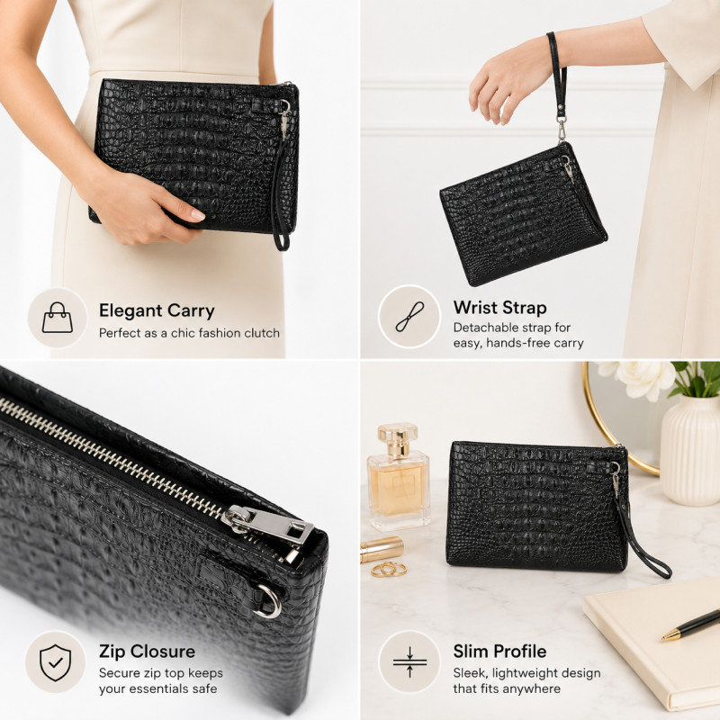 Radical men's genuine leather crocodile texture clutch bag – Black (18 x 26 cm)