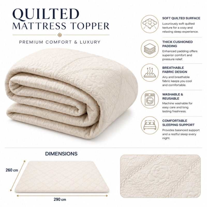 Luxury Quilted Mattress Topper, Breathable Microfiber & Cotton Fill, Ivory, 290 x 260cm