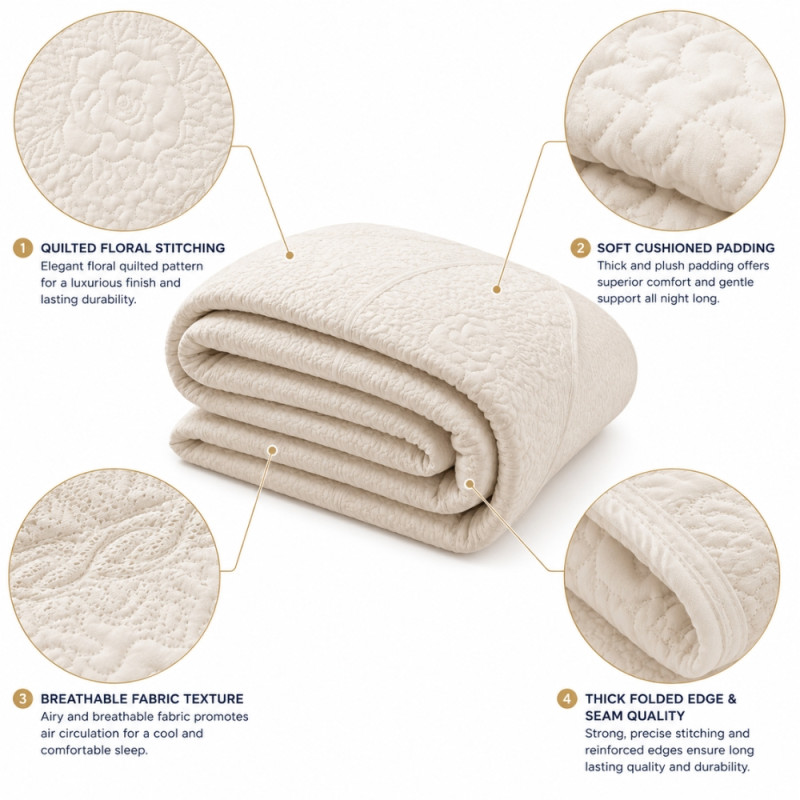 Luxury Quilted Mattress Topper, Breathable Microfiber & Cotton Fill, Ivory, 290 x 260cm