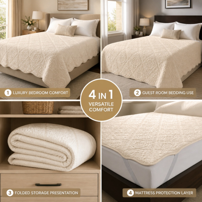 Luxury Quilted Mattress Topper, Breathable Microfiber & Cotton Fill, Ivory, 290 x 260cm