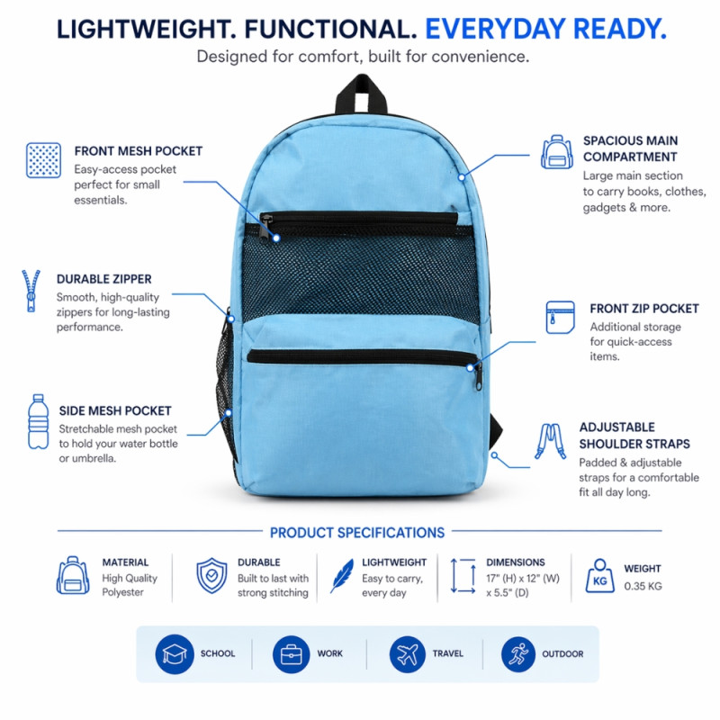 Kids' Active Explorer Backpack – Sky Blue (42cm)