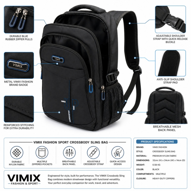 Professional Vimix Structured Multi-Compartment Backpack – Sleek Black (47cm)