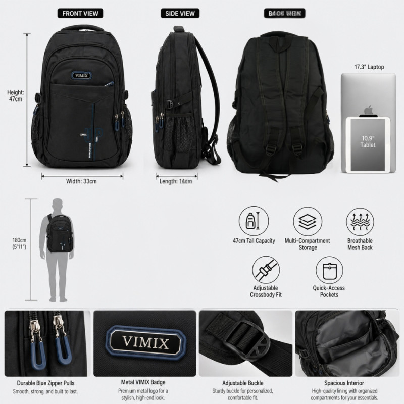 Professional Vimix Structured Multi-Compartment Backpack – Sleek Black (47cm)