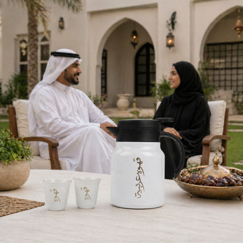 Professional Arabic Coffee Thermos Set – White Vacuum Flask 19.5cm & Matching Cups 6cm