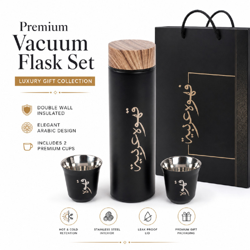 Premium Insulated Vacuum Flask Set – Black & Wooden Arabic Coffee Style (22.5 x 6.5 x 2.5 cm)