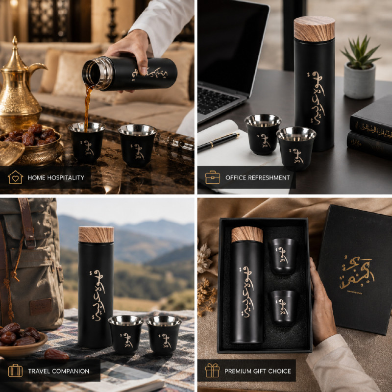 Premium Insulated Vacuum Flask Set – Black & Wooden Arabic Coffee Style (22.5 x 6.5 x 2.5 cm)