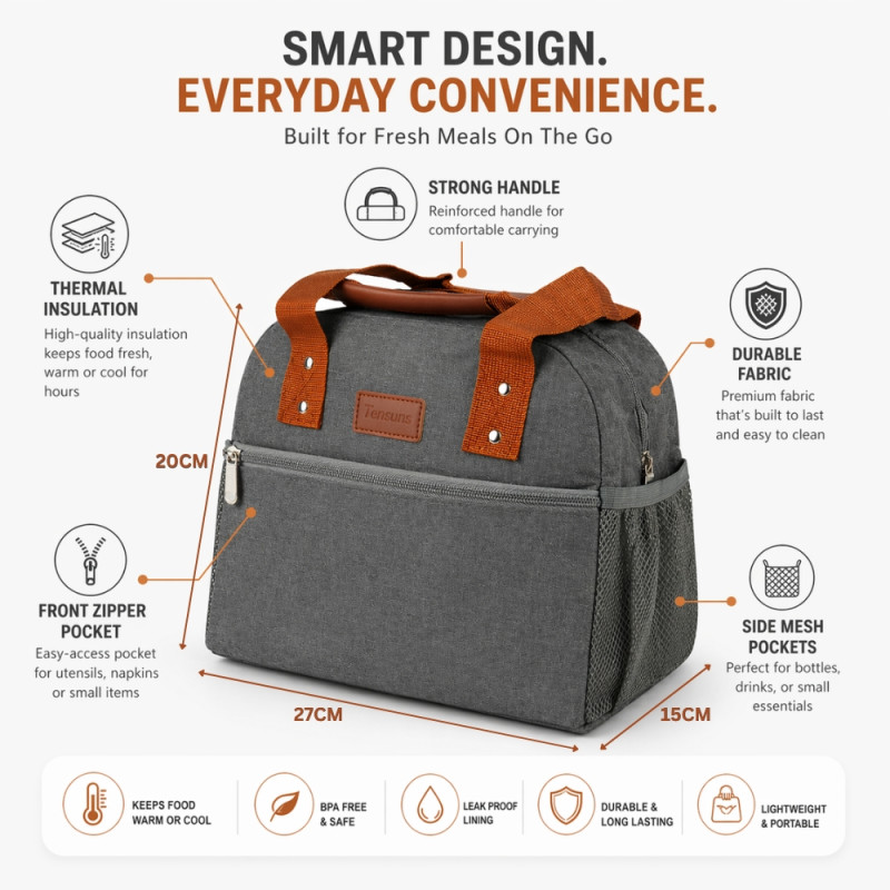 Professional Insulated Lunch Bag – Sleek Granite Grey (27cm)