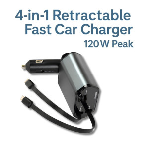Product Name EN: 4-in-1 Retractable Car Charger Adapter with Built-in Lightning & Type-C Cables – 14 x 7cm – Black & Gray Product Name EN: 4-in-1 Retractable Car Charger Adapter with Built-in Lightning & Type-C Cables – 14 x 7cm – Black & Gray