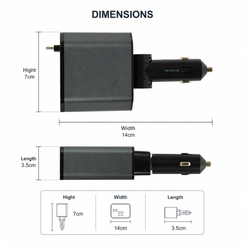 4-in-1 Retractable Car Charger Adapter with Built-in Lightning and Type-C Cables – 14 x 7cm – Black and Gray