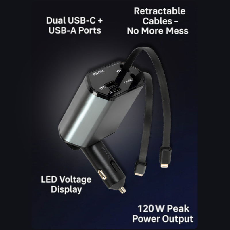4-in-1 Retractable Car Charger Adapter with Built-in Lightning and Type-C Cables – 14 x 7cm – Black and Gray